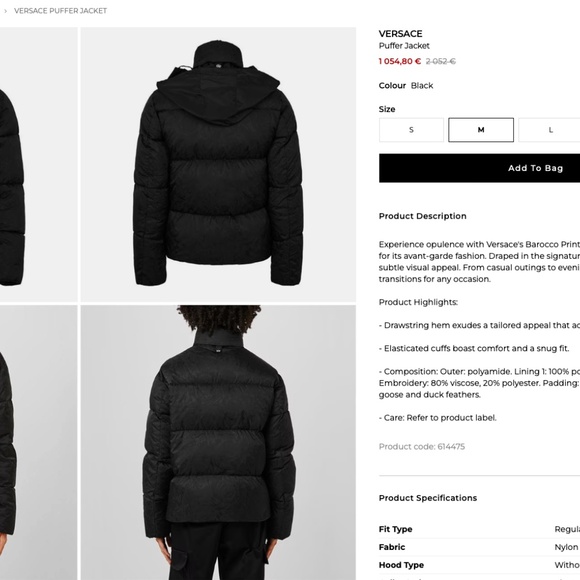 $3275 AUTHENTIC VERSACE sz 50 L, Black Barocco Light Puffer Down Jacket - Picture 6 of 16